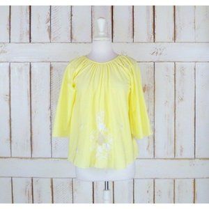 Yellow hand embroidered floral blouse bell sleeve shirt